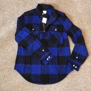 NWT J Crew zip-up flannel pullover - blue & black
